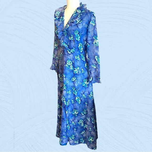 Vintage 60s Missy Matron Spi Bor maxi floral blue bell dress - Picture 3 of 13